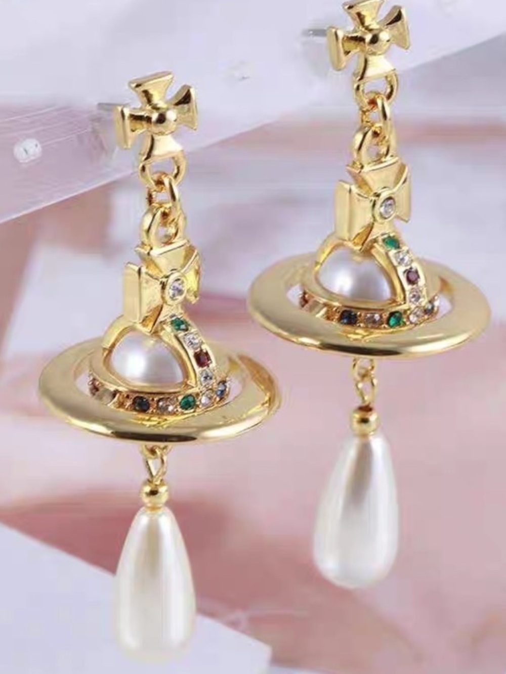 Vivienne Westwood Gold Orb Pearl and Crystal Drop Earrings